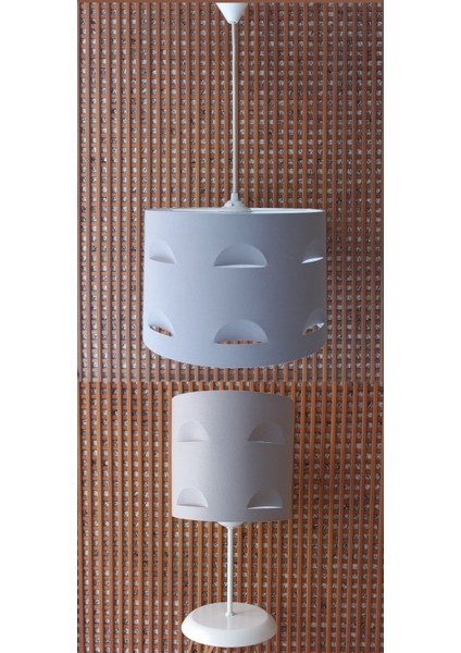 Gri Motifli 2.li Set M-770 Kumaş Kaplama Yatak Odası Genç ve Çocuk Odası Avize ve Abajur Takımı