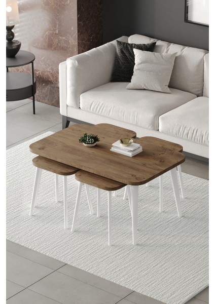 Zigon ve Orta Sehpa 5'li Takım , Metal Ayaklı , Roma 4+1 Sehpa , Beyaz Metal - Atlantik Çam Tabla