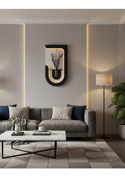 Akasya Ahşap Pilli Ledli Iskandinav Tarzı Salon Duvar Rafı Modern Çiçeklik 40 x 75 cm