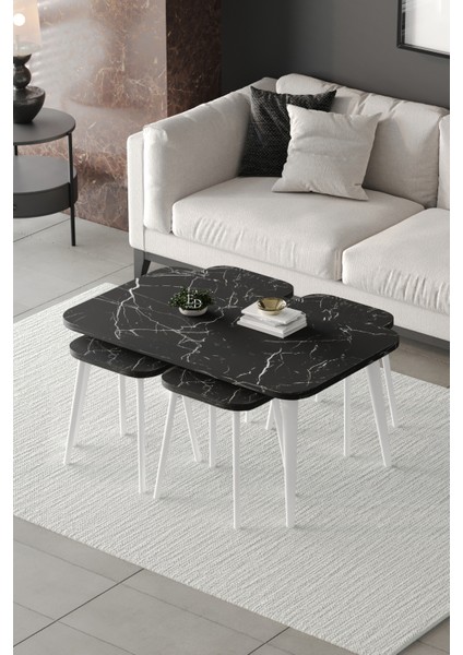 Zigon ve Orta Sehpa 5'li Takım , Metal Ayaklı , Roma 4+1 Sehpa , Beyaz Metal - Siyah Mermer Tabla