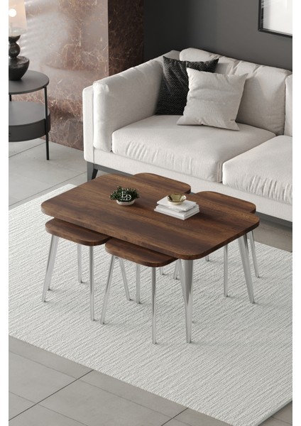 Zigon ve Orta Sehpa 5'li Takım , Metal Ayaklı , Roma 4+1 Sehpa , Gümüş Metal - Barok Tabla