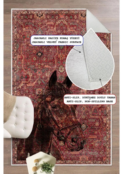Kilim Desenli At Figurlu Yıkanabilir Kaymaz Taban Bordo Halı modelleri