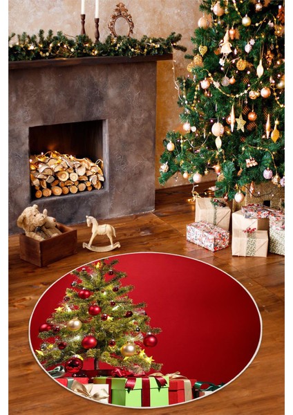 Dijital Baskılı Yıkanabilir Yılbaşı Temalı Kırmızı Yuvarlak Halı