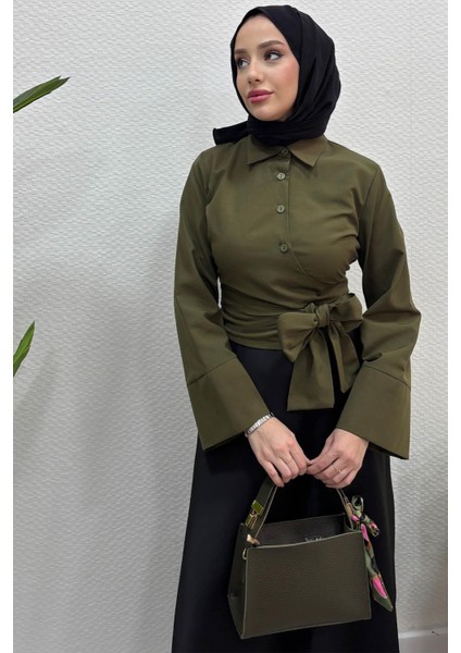 Kadın Kurdele Detaylı Gömlek-Haki modelleri