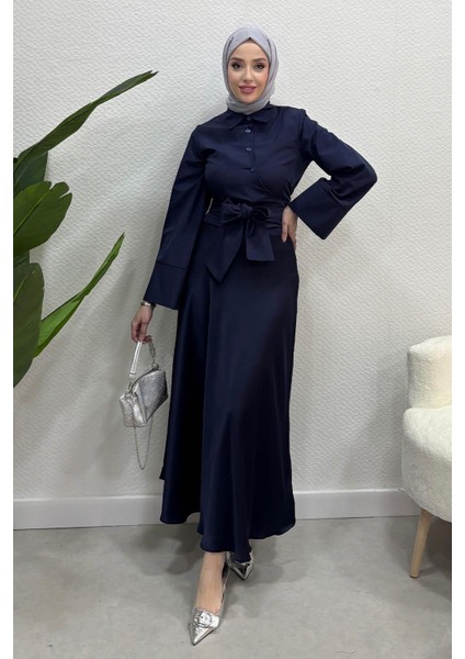 Kadın Kurdele Detaylı Gömlek-Navy Blue