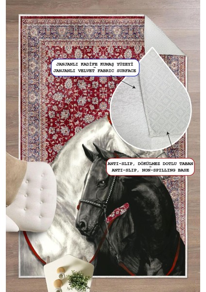 Yıkanabilir Modern Sanat Temalı At Desenli Bordo Dijital Baskı Halı modelleri