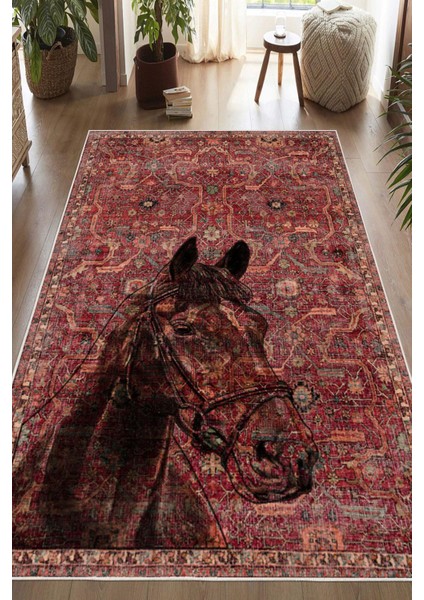 Kilim Desenli At Figurlu Yıkanabilir Kaymaz Taban Bordo Halı