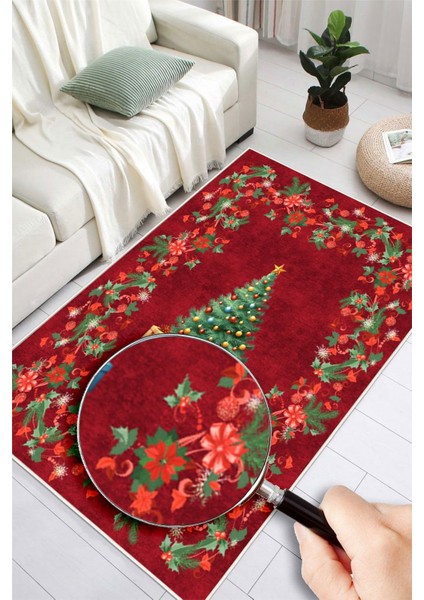 Yılbaşı Çam Ağacı Desenli Dijital Baskılı Yıkanabilir Kaymaz Taban Halı modelleri