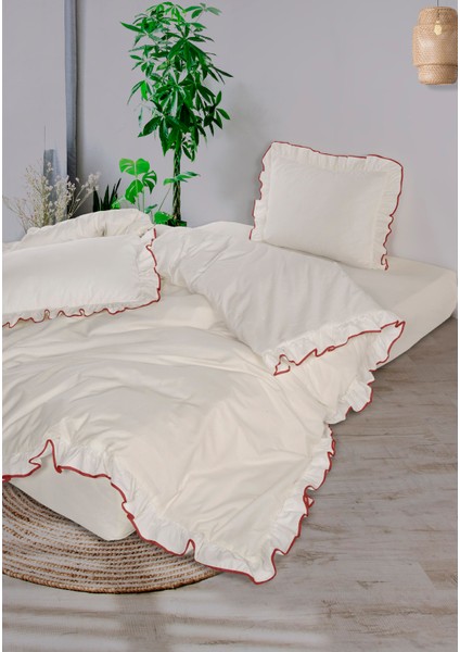 Candy Fırfırlı Biyeli %100 Pamuk Nevresim Takımı Çift Kişilik Ekru Bordo 200X220CM fırsatları
