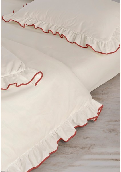 Candy Fırfırlı Biyeli %100 Pamuk Nevresim Takımı Çift Kişilik Ekru Bordo 200X220CM
