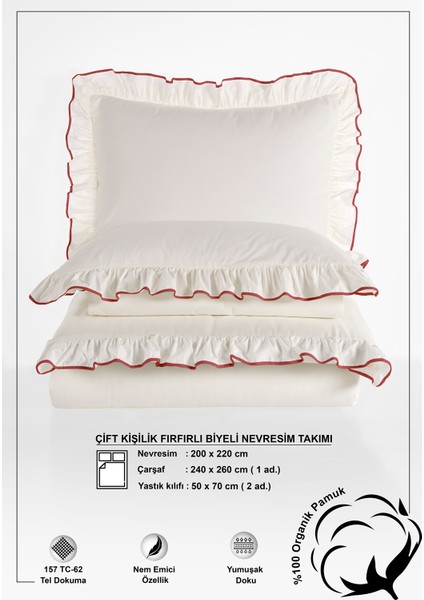 Candy Fırfırlı Biyeli %100 Pamuk Nevresim Takımı Çift Kişilik Ekru Bordo 200X220CM