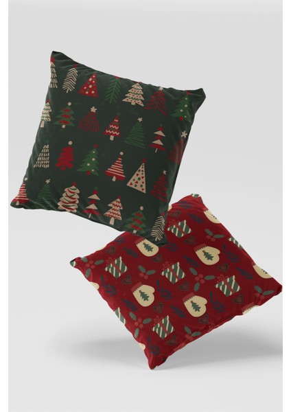 Koyu Yeşil Kırmızı Çam Ağacı Hediye Paketi Kırlent Kılıfı Seti 2'li