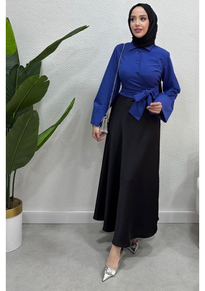 Kadın Kurdele Detaylı Gömlek-Saks Mavi