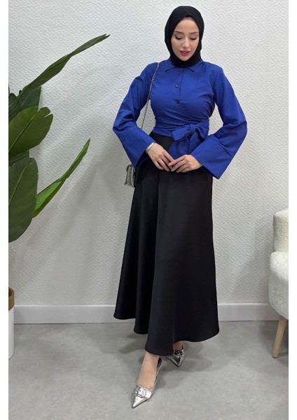 Kadın Kurdele Detaylı Gömlek-Saks Mavi fiyatları