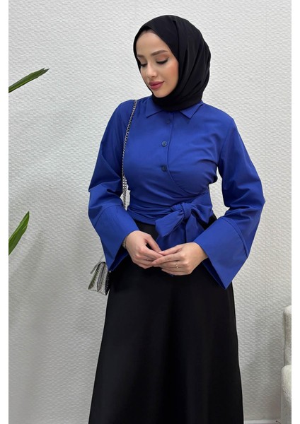 Kadın Kurdele Detaylı Gömlek-Saks Mavi modelleri