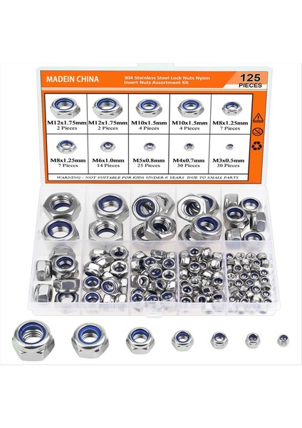 125PCS Naylon Altıgen Kilit Somun Seti 304 Paslanmaz Çelik Nakknut M3 M 4 M5 M6 M8 M10 M12 Altıgen Kendi Naylon Kilitleme Somunu (Yurt Dışından)