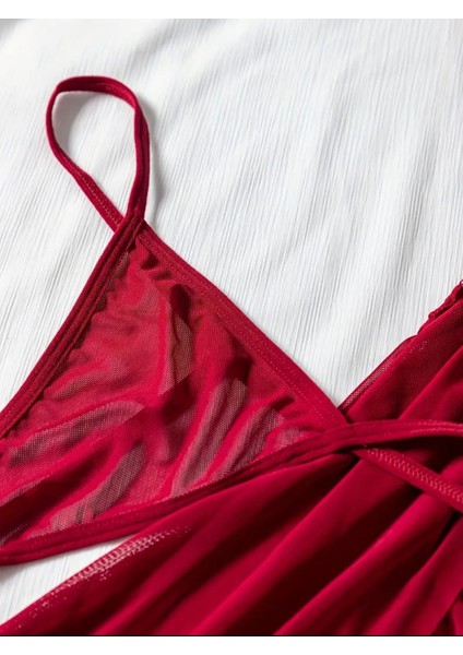 Kadın Bordo Bacak Dekolteli Fantazi Gecelik Yırtmaçlı Fiyonklu Dantelli Tül Transparan Seksi Gecelik indirimleri