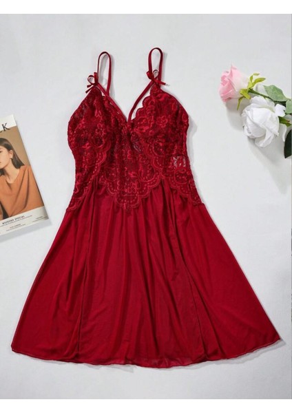 Kadın Bordo Bacak Dekolteli Fantazi Gecelik Yırtmaçlı Fiyonklu Dantelli Tül Transparan Seksi Gecelik