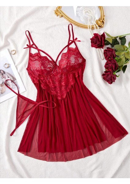 Kadın Bordo Bacak Dekolteli Fantazi Gecelik Yırtmaçlı Fiyonklu Dantelli Tül Transparan Seksi Gecelik