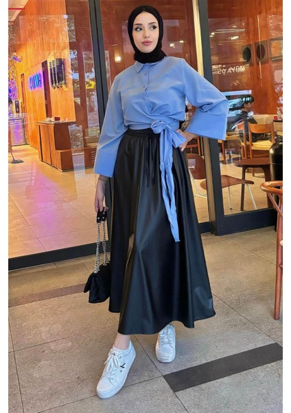 Kadın Kurdele Detaylı Gömlek-Mavi