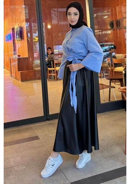 Kadın Kurdele Detaylı Gömlek-Mavi fiyatları