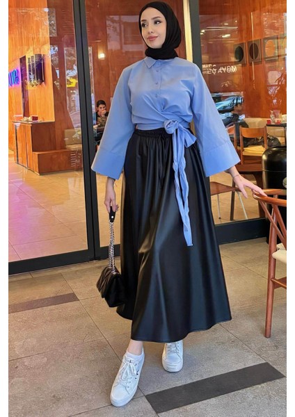 Kadın Kurdele Detaylı Gömlek-Mavi modelleri