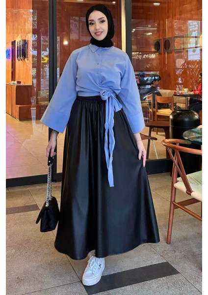 Kadın Kurdele Detaylı Gömlek-Mavi fırsatları