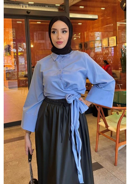 Kadın Kurdele Detaylı Gömlek-Mavi indirimleri