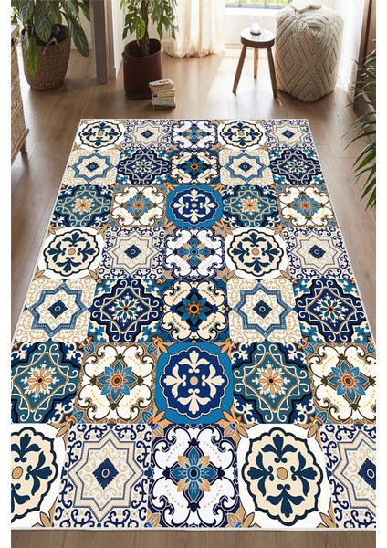 Dijital Baskılı Renkli Çini Desenli Kaymaz Taban Yıkanabilir Halı