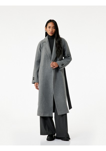 Uzun Kollu Kemerli Cepli Kruvaze Uzun Kaşe Kaban