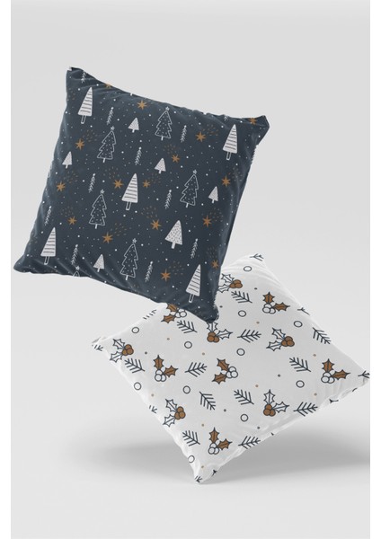 Lacivert Çam Ağacı ve Holly Dalları Kırlent Kılıfı Seti 2'li