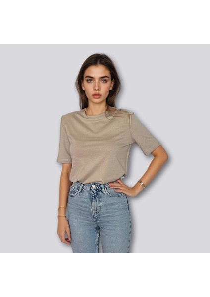 Vatkalı Bej T-Shirt, Kısa Kollu Bej T-Shirt, Pamuklu Penye T-Shirt, Regular Fit Bisiklet Yaka