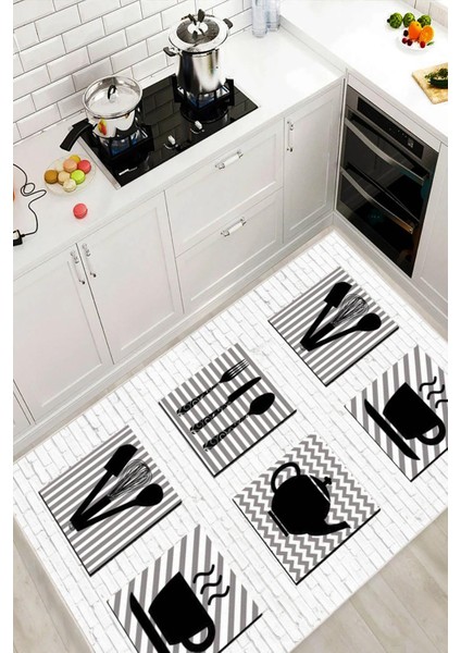 Modern Desenli Siyah Beyaz Dijital Baskılı Kaymaz Yıkanabilir Mutfak Halısı Yolluk