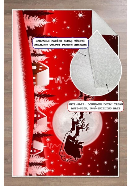 Dijital Baskılı Yıkanabilir Yılbaşı Temalı Kırmızı Geyik Desenli Halı fırsatları