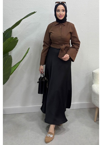 Kadın Kurdele Detaylı Gömlek-Acı Kahve