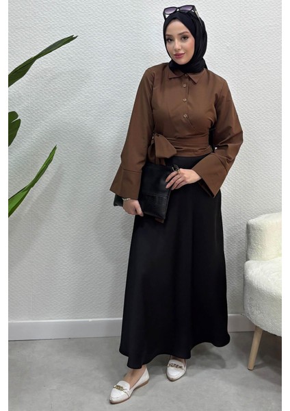 Kadın Kurdele Detaylı Gömlek-Acı Kahve fiyatları