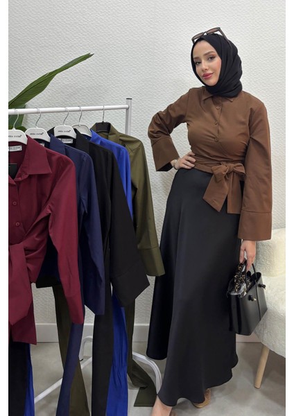 Kadın Kurdele Detaylı Gömlek-Acı Kahve modelleri