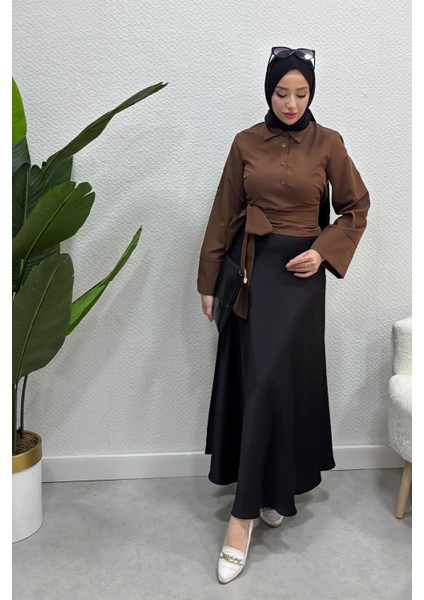 Kadın Kurdele Detaylı Gömlek-Acı Kahve fırsatları