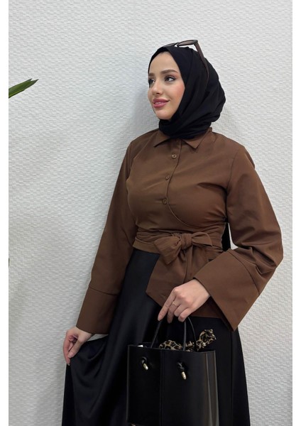 Kadın Kurdele Detaylı Gömlek-Acı Kahve
