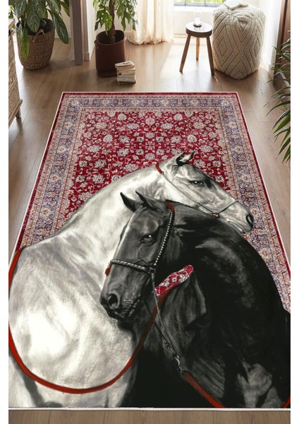 Yıkanabilir Modern Sanat Temalı At Desenli Bordo Dijital Baskı Halı