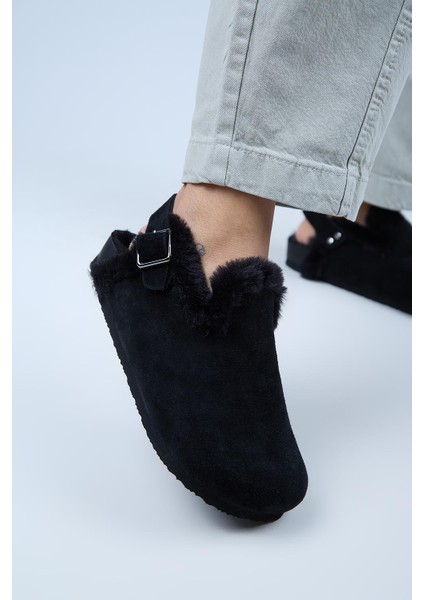 (Holly 2 Kürklü) Kadın Hakiki Deri Kemerli Tokalı Sabo Siyah Sandalet modelleri