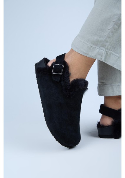 (Holly 2 Kürklü) Kadın Hakiki Deri Kemerli Tokalı Sabo Siyah Sandalet fırsatları