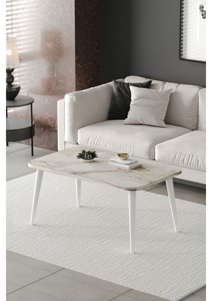 Orta Sehpa Metal Ayaklı , Roma Orta Sehpa , Beyaz Metal - Beyaz Mermer Tabla