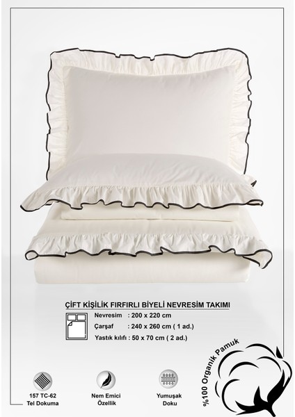 Candy Fırfırlı Biyeli %100 Pamuk Nevresim Takımı Çift Kişilik Ekru Siyah 200X220CM