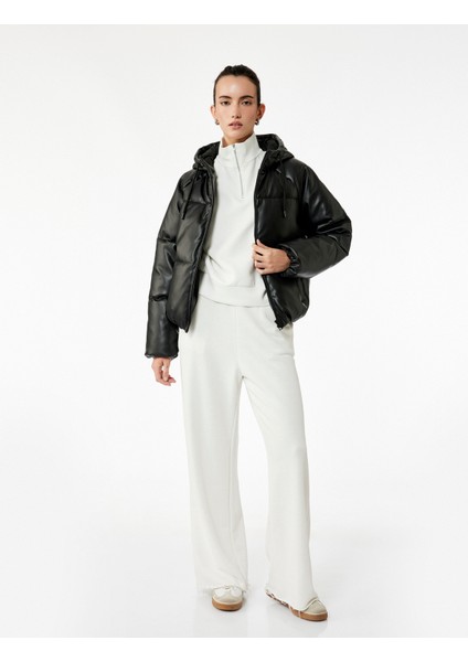 Fermuarlı Uzun Kollu Cepli Kapüşonlu Crop Suni Deri Şişme Mont fiyatları