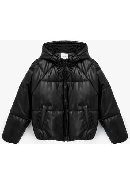 Fermuarlı Uzun Kollu Cepli Kapüşonlu Crop Suni Deri Şişme Mont modelleri