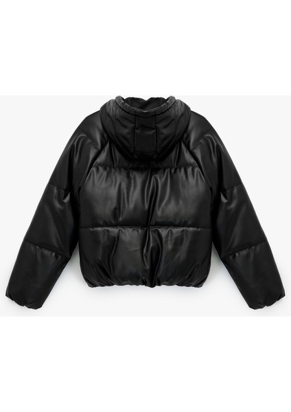 Fermuarlı Uzun Kollu Cepli Kapüşonlu Crop Suni Deri Şişme Mont fırsatları