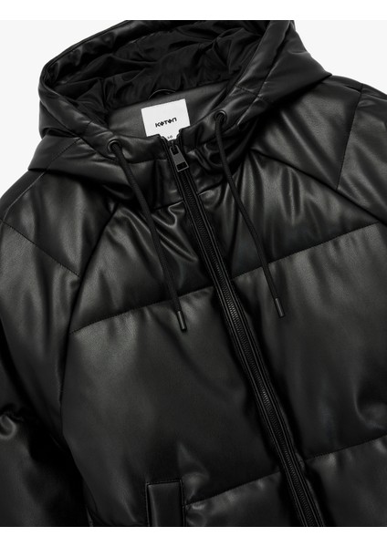 Fermuarlı Uzun Kollu Cepli Kapüşonlu Crop Suni Deri Şişme Mont indirimleri