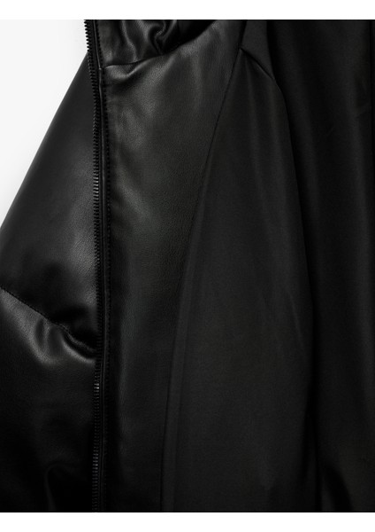 Fermuarlı Uzun Kollu Cepli Kapüşonlu Crop Suni Deri Şişme Mont