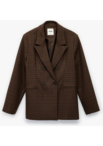 Viskon Karışımlı Düğmeli Cep Detaylı Kruvaze Yaka Ekoseli Blazer Ceket